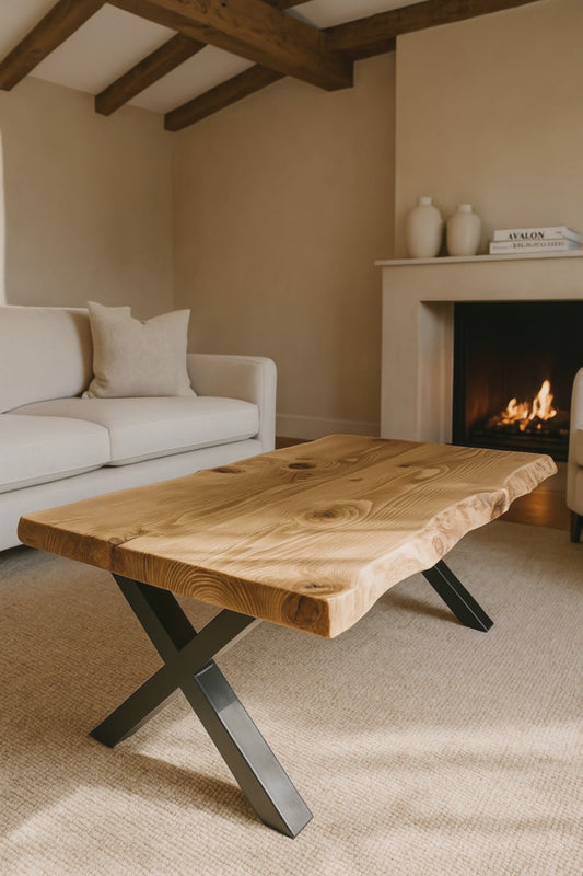 RITA Live / Waney Edge Coffee Table With Metal X Legs