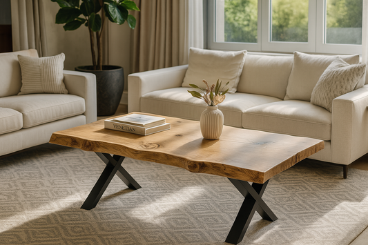 RITA Live / Waney Edge Coffee Table With Metal X Legs
