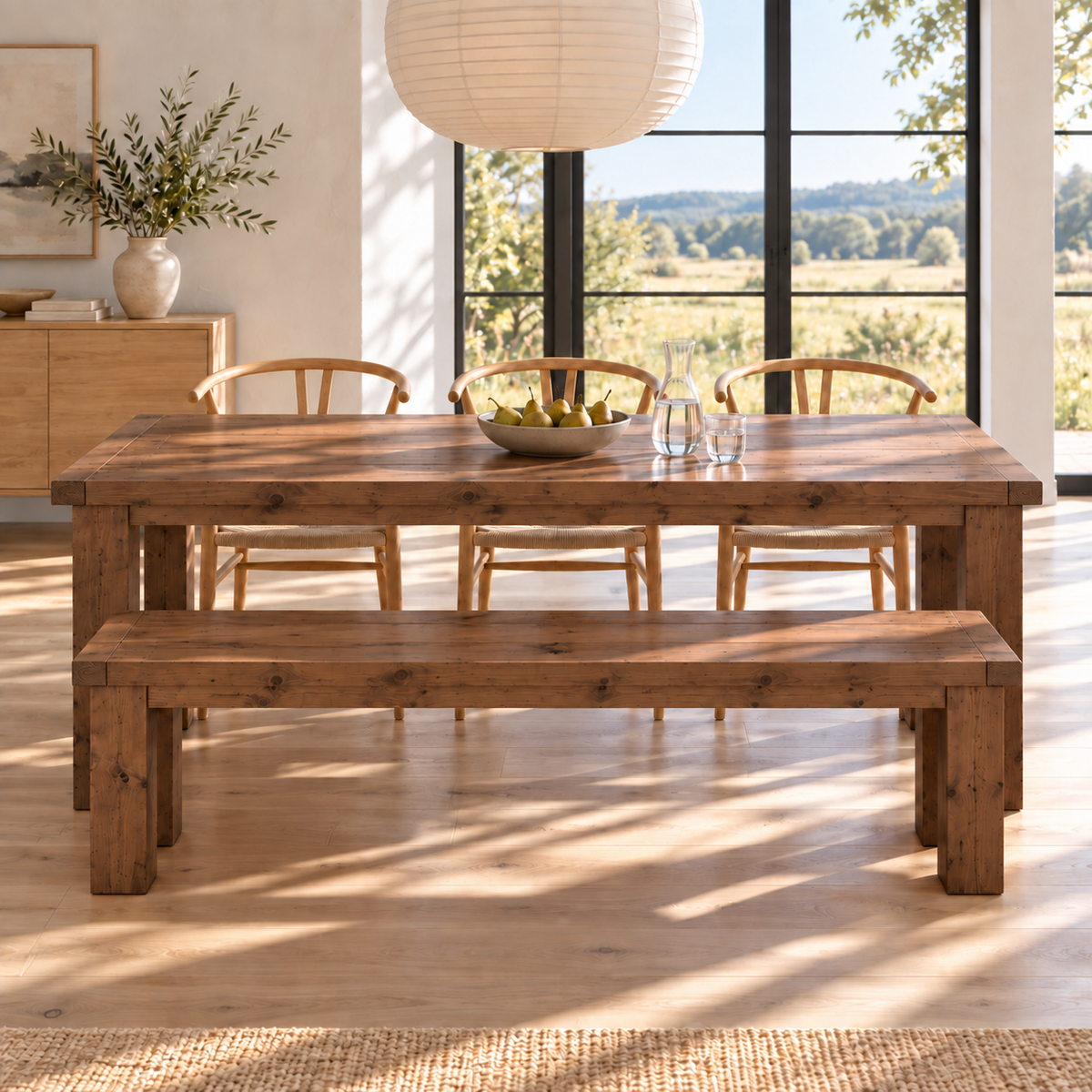 TEMPLETON Walnut Colour Solid Wood Dining Table With Chunky Legs and Optional Benches