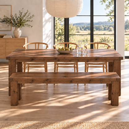 TEMPLETON Walnut Colour Solid Wood Dining Table With Chunky Legs and Optional Benches