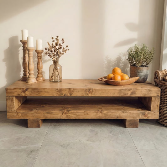 VIOT Low Solid Wood Chunky TV Unit Dark Oak Colour